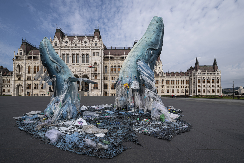 Életnagyságú bálnaszobrokkal figyelmeztet a Greenpeace a műanyagszennyezésre a Parlament előtt